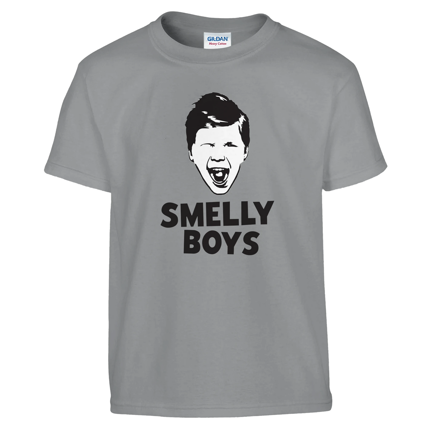Grey t-shirt with a graphic of a face and 'SMELLY BOYS' text on a white background