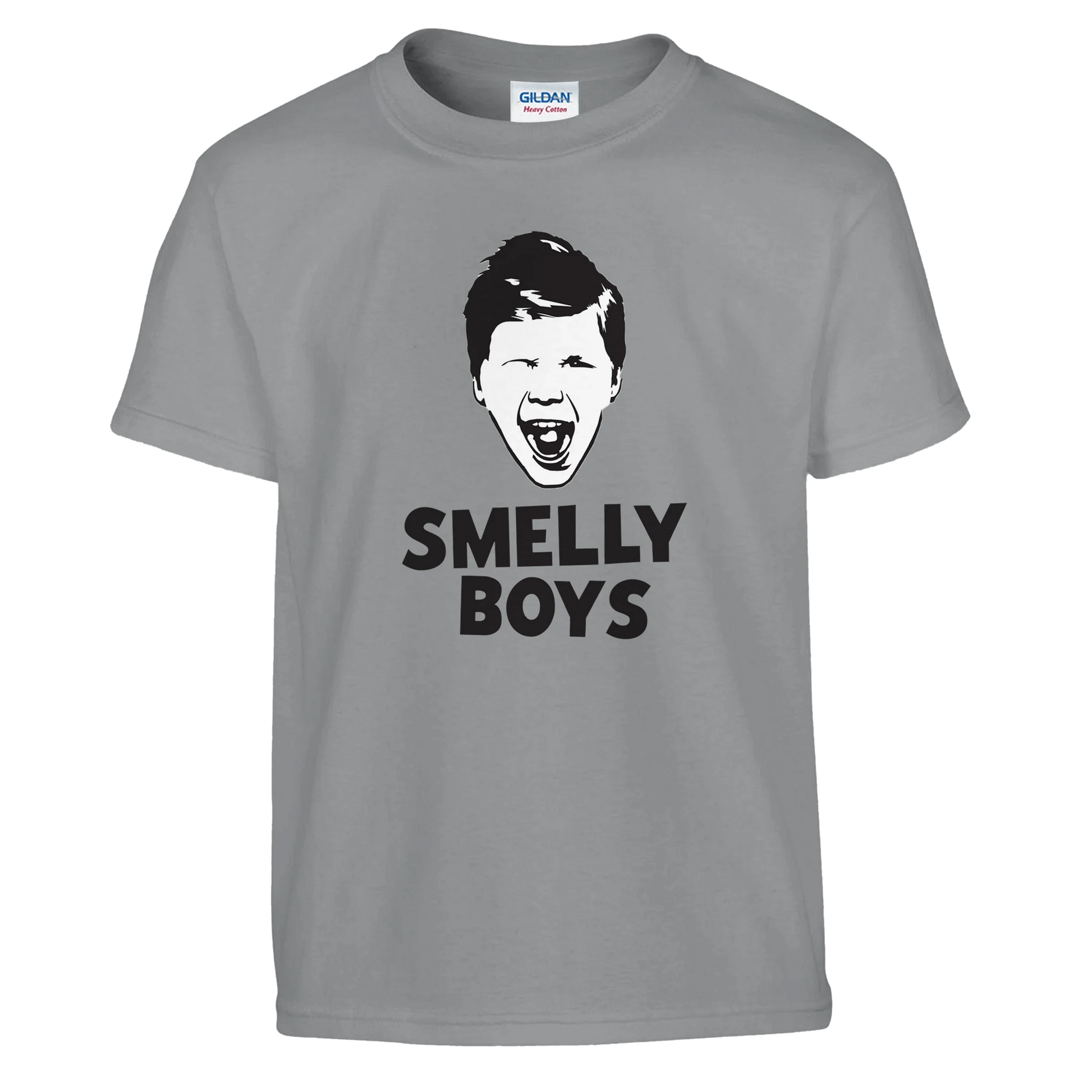 Grey t-shirt with a graphic of a face and 'SMELLY BOYS' text on a white background
