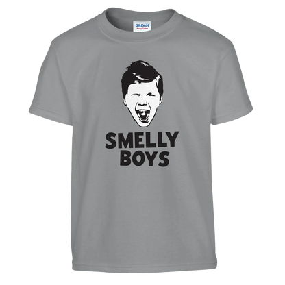 Grey t-shirt with a graphic of a face and 'SMELLY BOYS' text on a white background