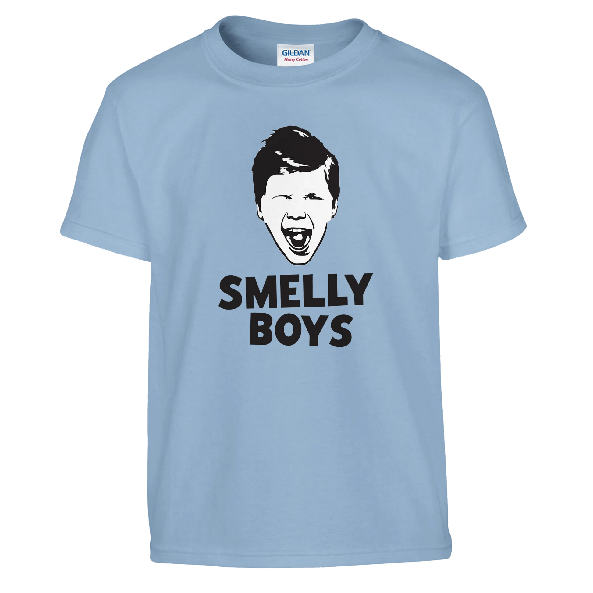 Light blue t-shirt with a graphic of a boy's face and 'SMELLY BOYS' text on a white background