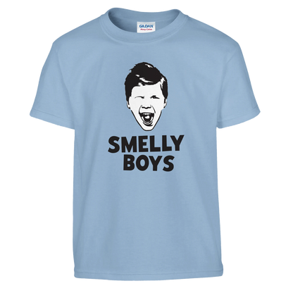 Light blue t-shirt with a graphic of a boy's face and 'SMELLY BOYS' text on a white background