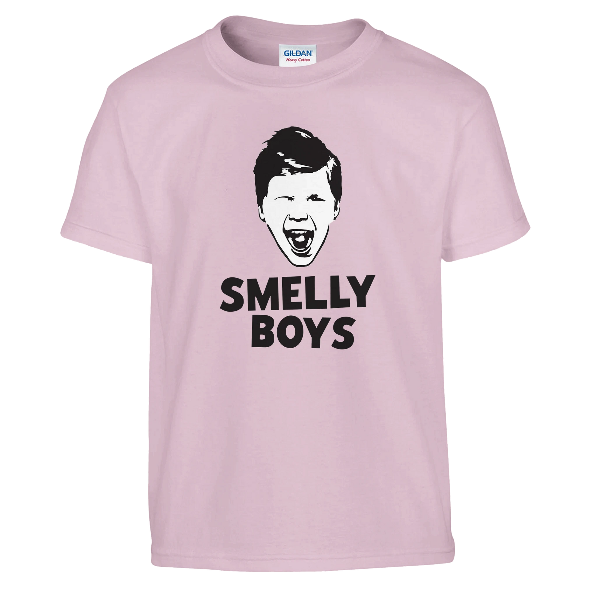 Pink t-shirt with a graphic of a face and 'SMELLY BOYS' text on a white background