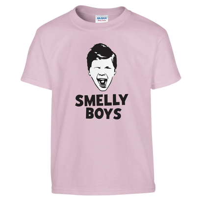 Pink t-shirt with a graphic of a face and 'SMELLY BOYS' text on a white background