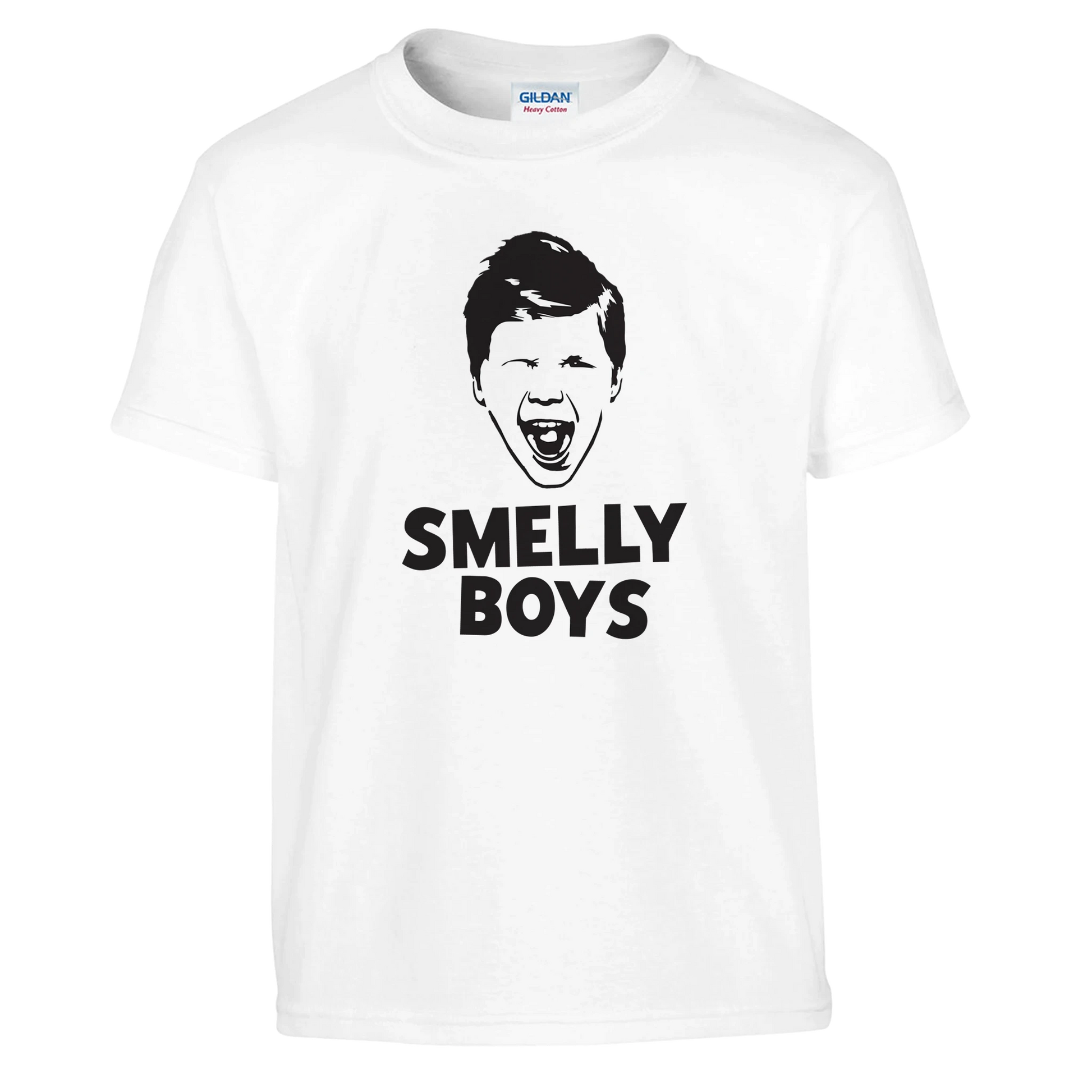 White t-shirt with graphic design and text 'SMELLY BOYS' on a white background