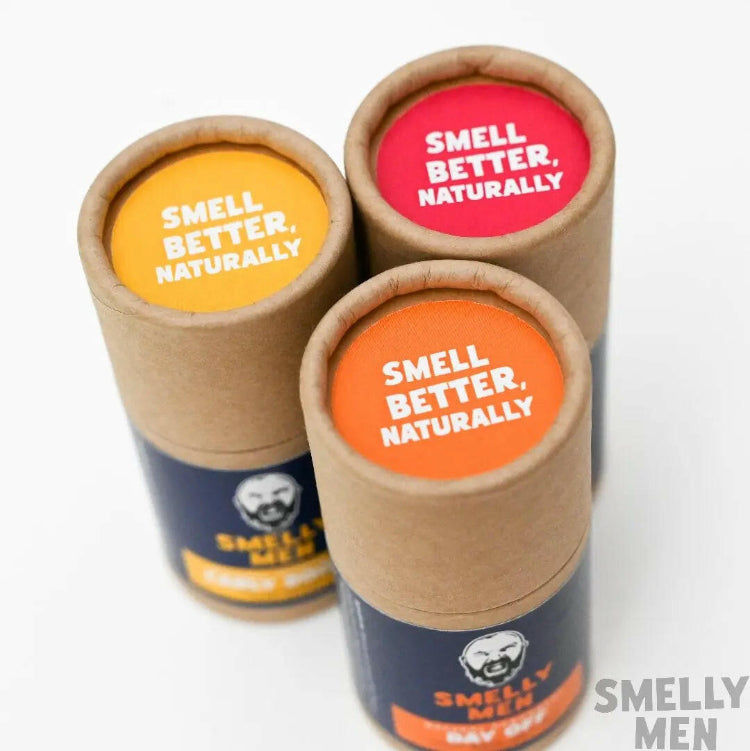 Smelly Men Deodorants cardboard caps on white background