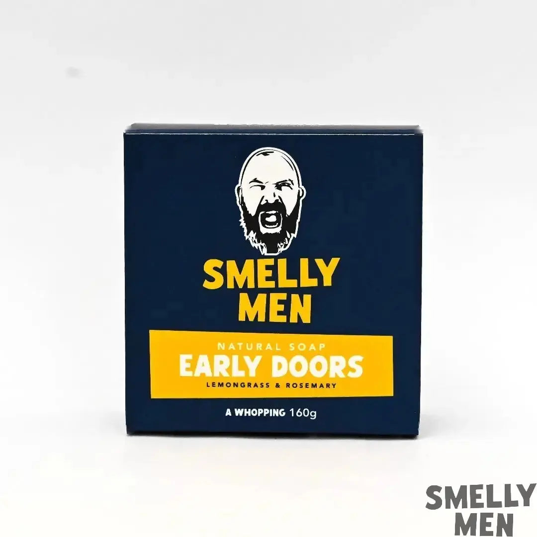 Smelly Men Early Doors 160g Soap with Lemongrass & Rosemary on white background 