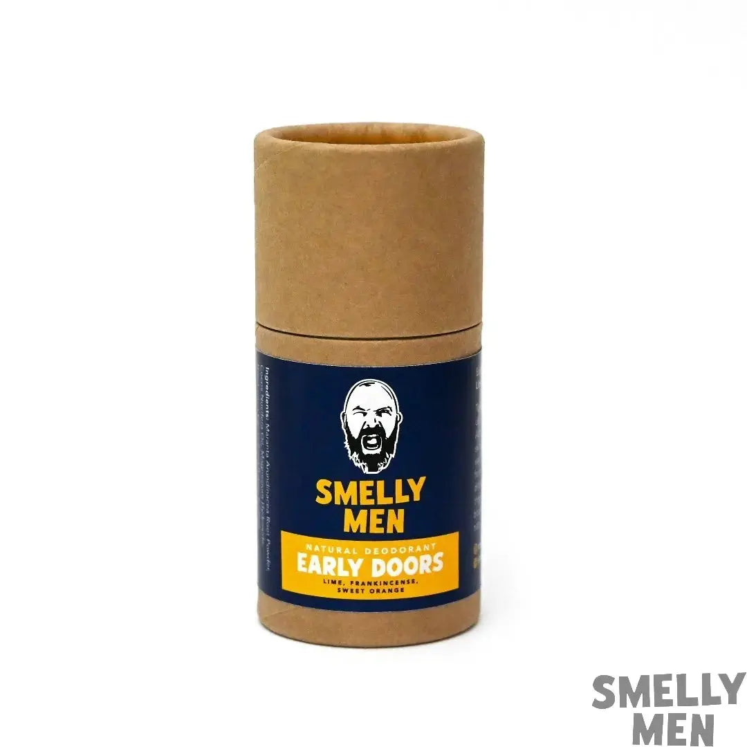 Smelly Men Early Doors natural deodorant tube on a white background