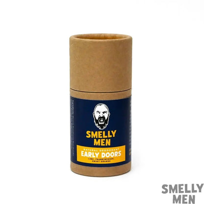 Smelly Men Early Doors natural deodorant tube on a white background