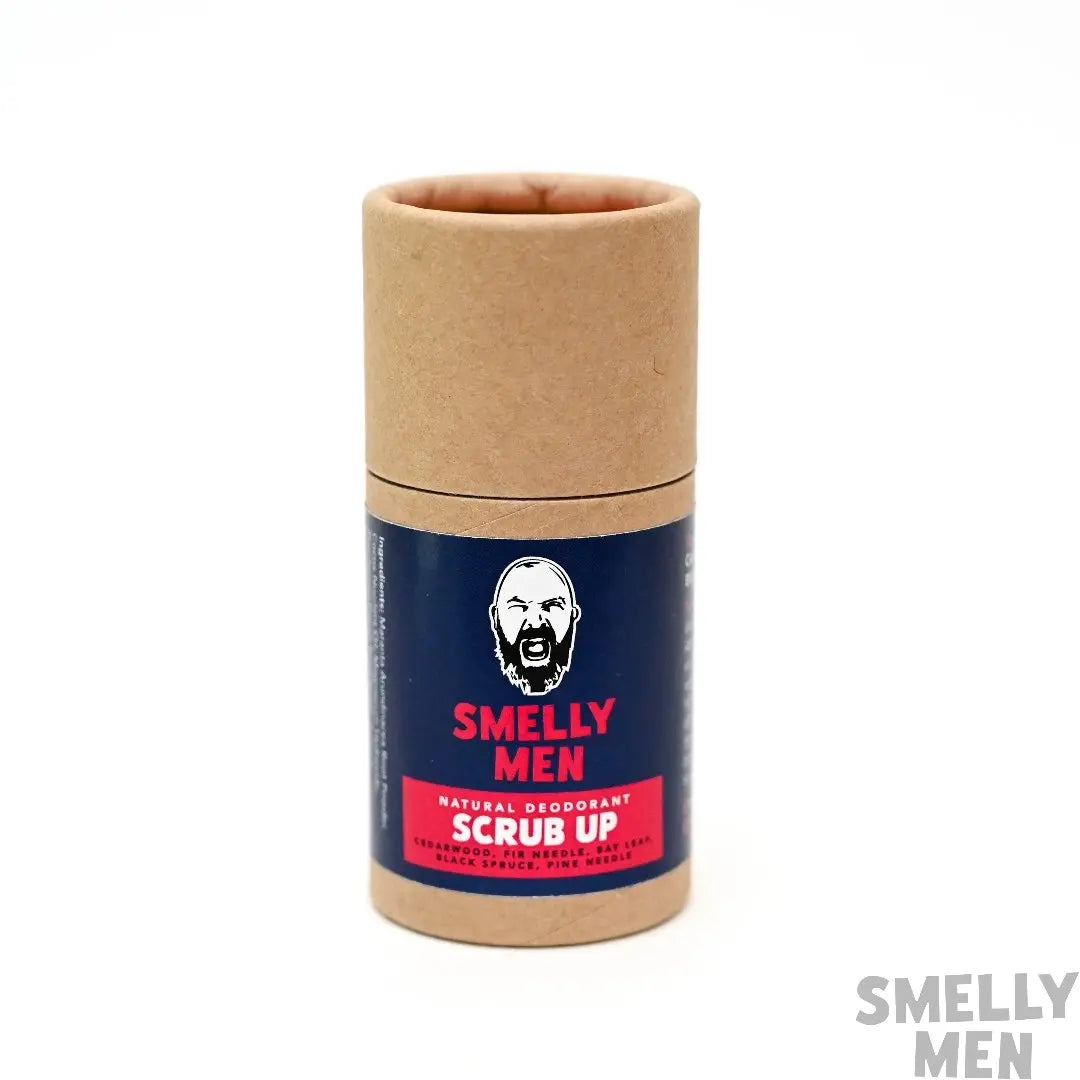 Smelly Men Scrub Up natural deodorant tube on a white background.