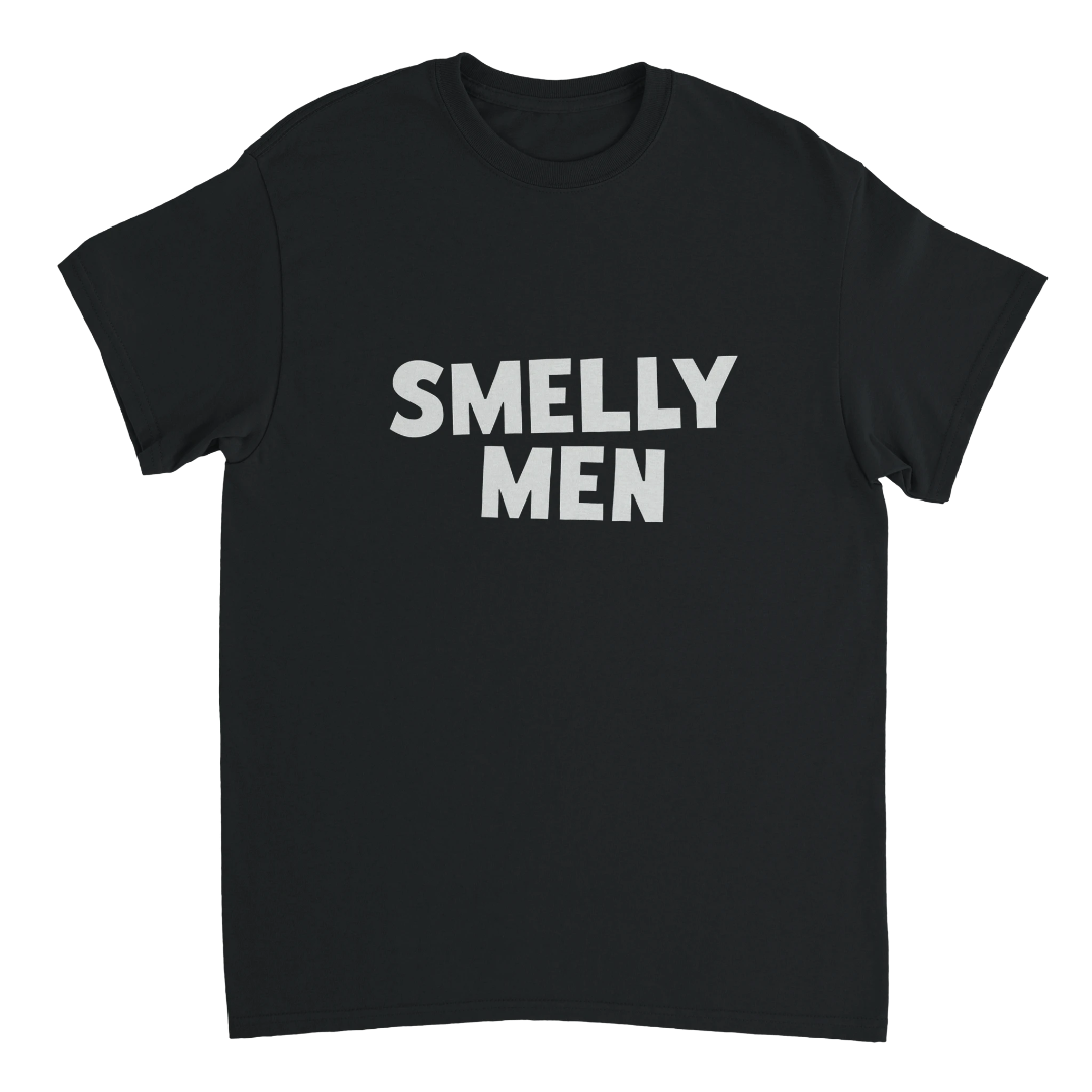 Black t-shirt with 'SMELLY MEN' text on a white background