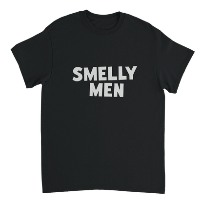 Black t-shirt with 'SMELLY MEN' text on a white background