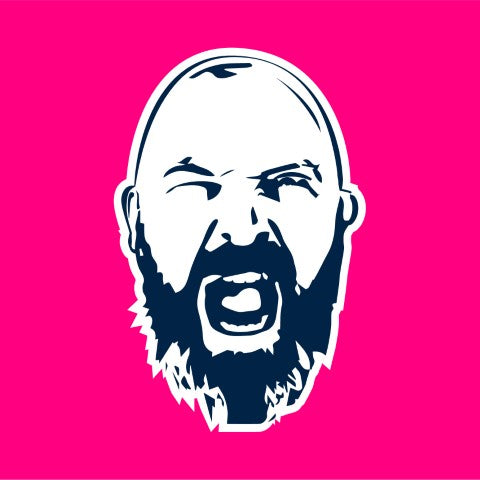 A bearded man in black and white on a pink background