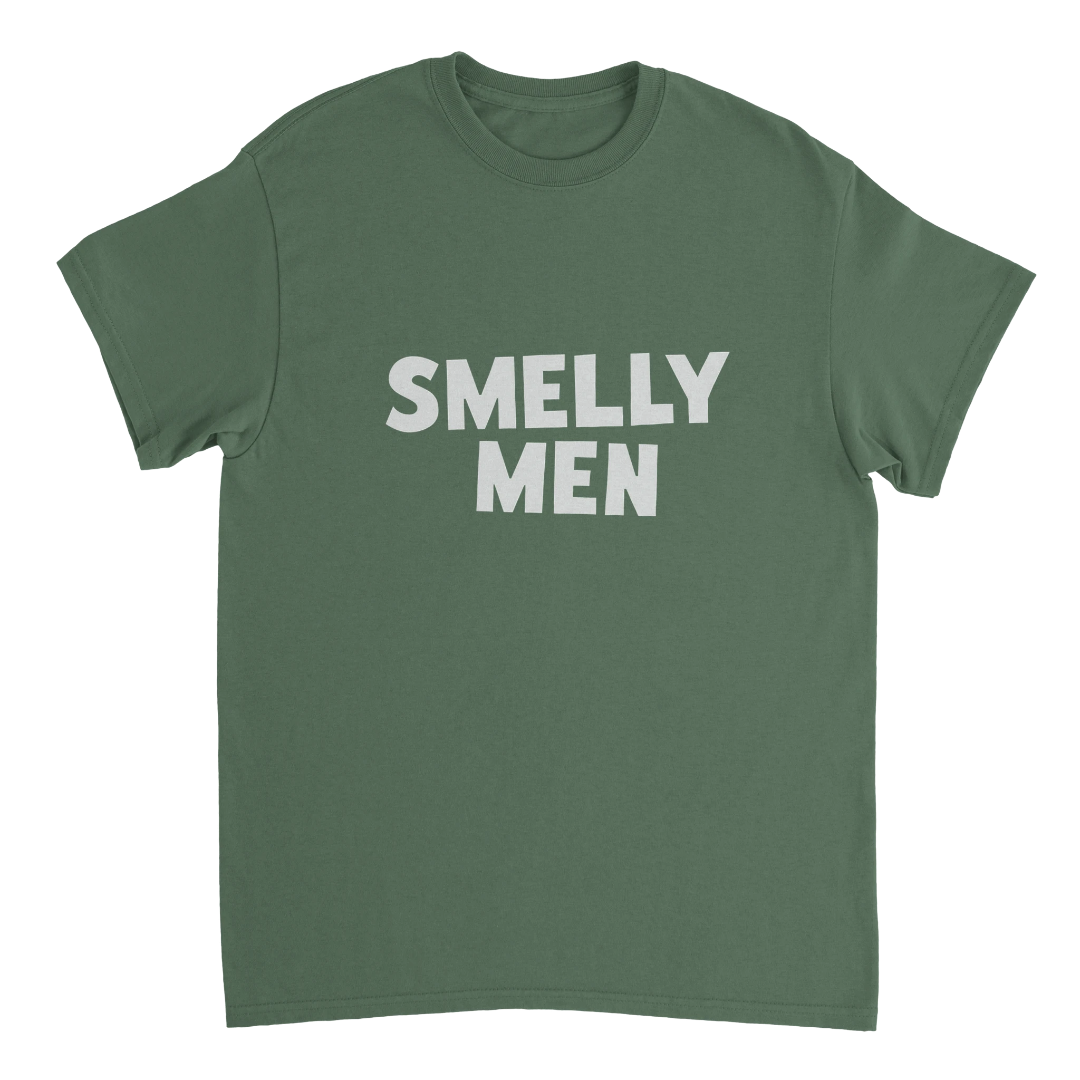 Green t-shirt with 'SMELLY MEN' text on a white background