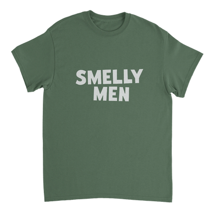 Green t-shirt with 'SMELLY MEN' text on a white background