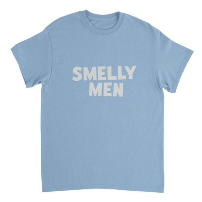 Light blue t-shirt with 'SMELLY MEN' text on a white background