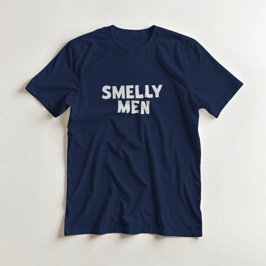 Navy blue t-shirt with 'SMELLY MEN' text on a light gray background
