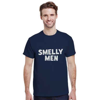 Man wearing a navy blue t-shirt with 'SMELLY MEN' text on a white background