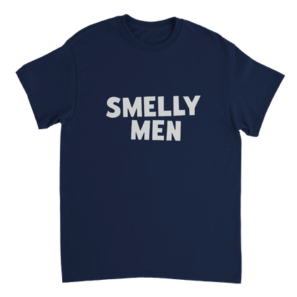 Navy blue t-shirt with 'SMELLY MEN' text in white on a white background