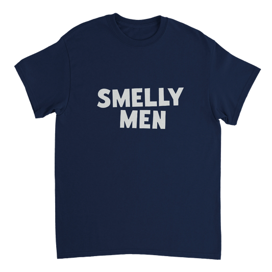 Navy blue t-shirt with 'SMELLY MEN' text in white on a white background