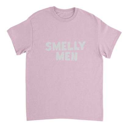 Pink t-shirt with 'SMELLY MEN' text on a white background