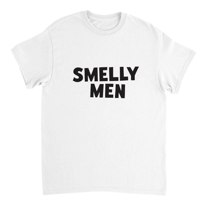White t-shirt with 'SMELLY MEN' text on a white background