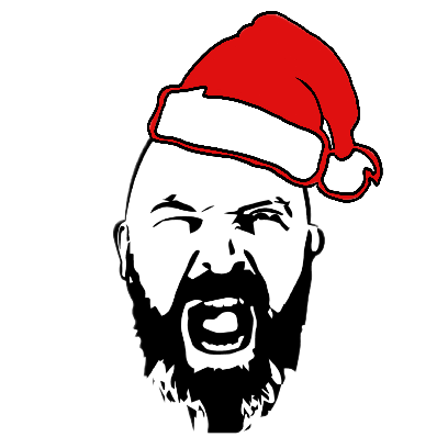 A shouting bearded man wearing a Santa hat