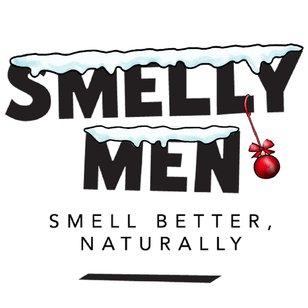Smelly Men logo with snow and a Christmas bauble