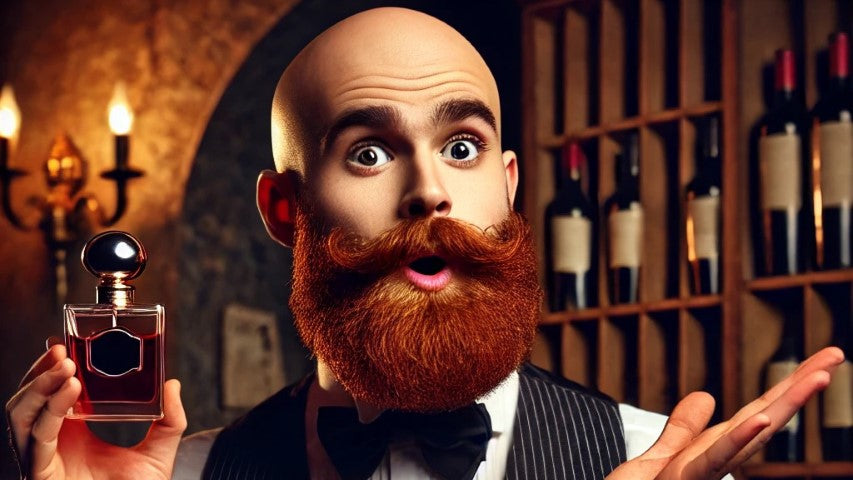 Man with a red beard holding a perfume bottle in a wine cellar setting