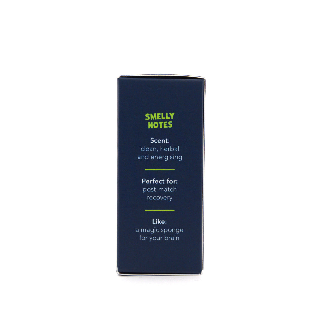 Navy blue packaging side panel of 'Smelly Notes' with green and white text on a white background