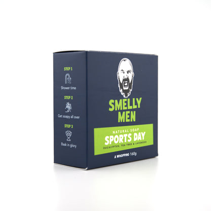 Box of 'Smelly Men' sports day soap on a white background