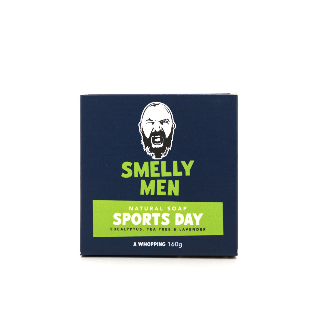 Box of 'Smelly Men' natural soap with a graphic of a man's face on a white background