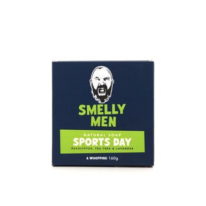 Box of 'Smelly Men' natural soap with a graphic of a man's face on a white background