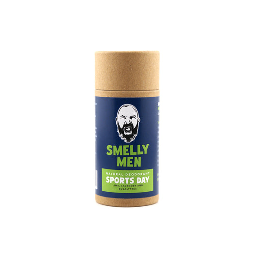 Deodorant stick with 'Smelly Men' branding on a white background