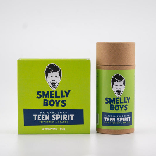 Two products from 'Smelly Boys' brand on a white background