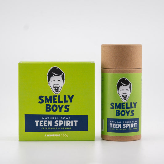 Two products from 'Smelly Boys' brand on a white background