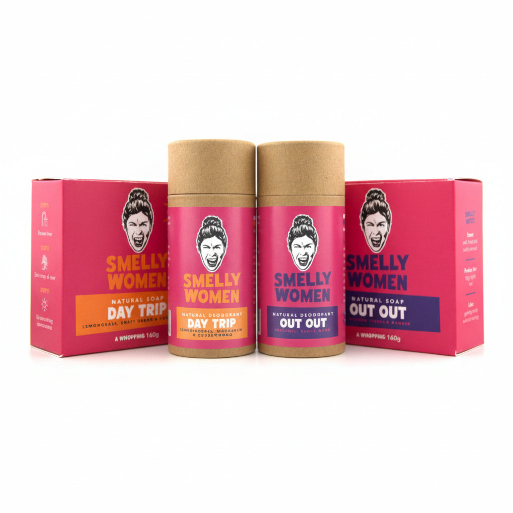 Four 'Smelly Women' products including a box and three deodorant sticks on a white background.