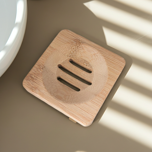 Wooden soap dish on a beige surface with natural light casting shadows.