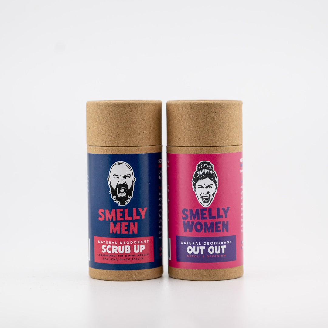 Two natural deodorant products for men and women on a white background