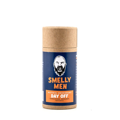 Deodorant stick with 'Smelly Men' branding on a white background