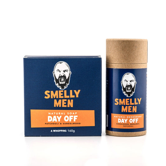Smelly Men Day Off soap and deodorant set on a white background