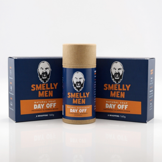 Two 'Smelly Men' Day off soap cartons with deodorant on a white background