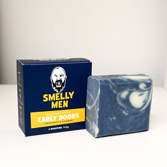 Bar of soap with 'Smelly Men' packaging on a white background