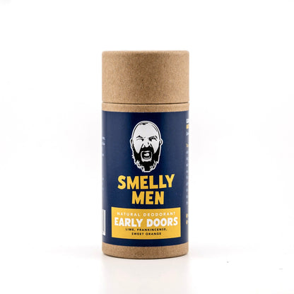 Deodorant container with 'Smelly Men' branding on a white background