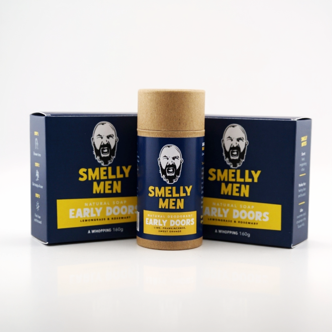 Two Smelly Men soap cartons with deodorant on a white background