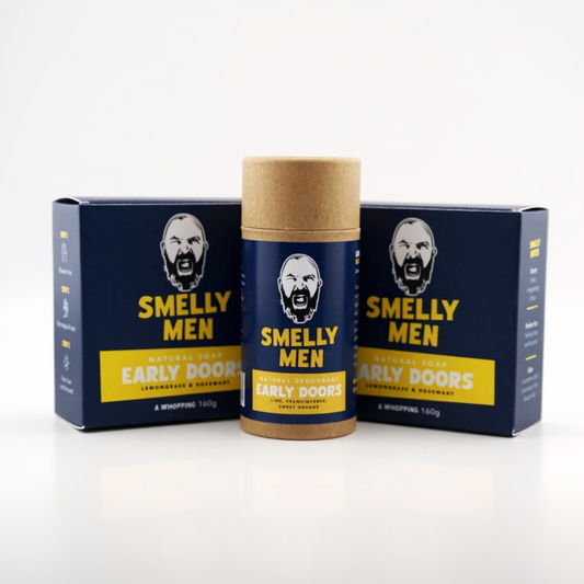 Two Smelly Men soap cartons with deodorant on a white background