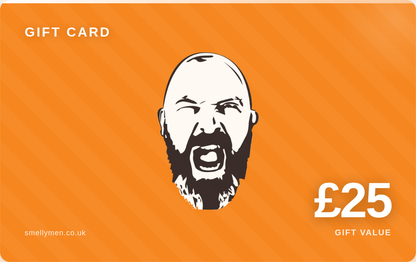 Orange gift card with a graphic of a face and £25 value on an orange background