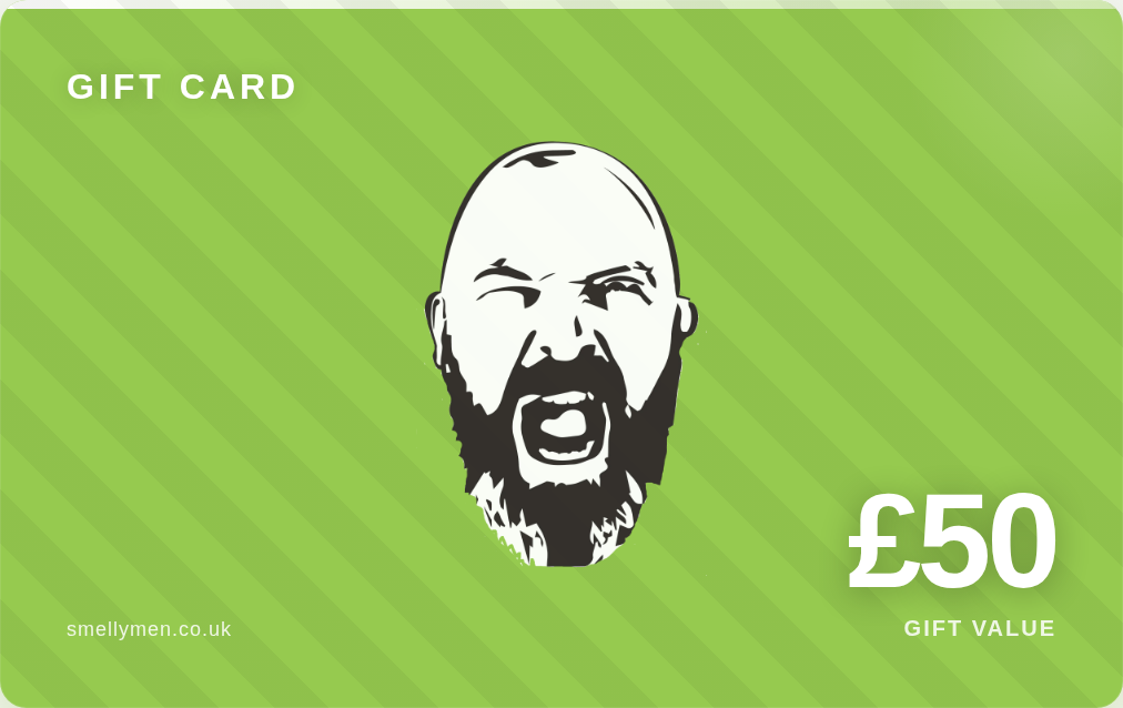 Gift card with a graphic of a face and £50 value on a green background
