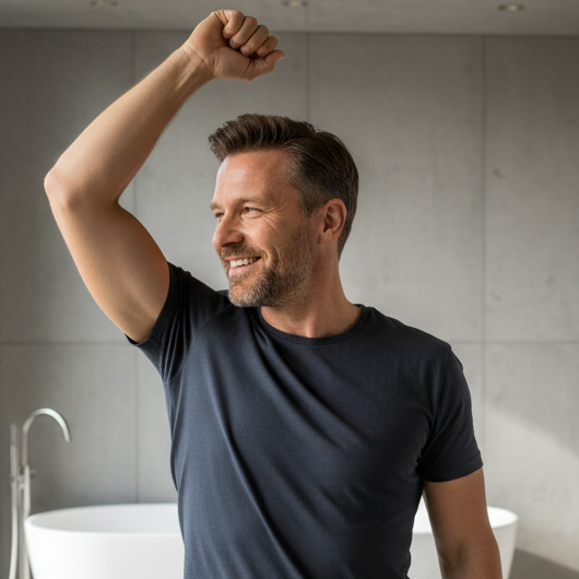Man in a black t-shirt standing in a modern bathroom with a white bathtub and towel rack.
