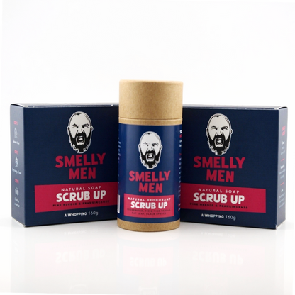 Two cartons of 'Smelly Men' scrub up  soap with deodorant  on a white background