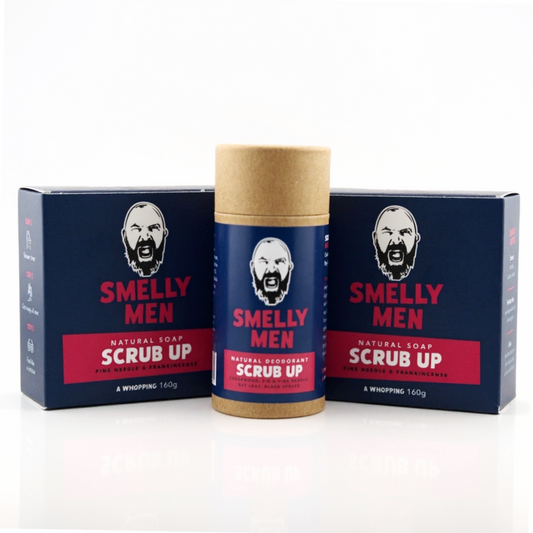 Two cartons of 'Smelly Men' scrub up  soap with deodorant  on a white background